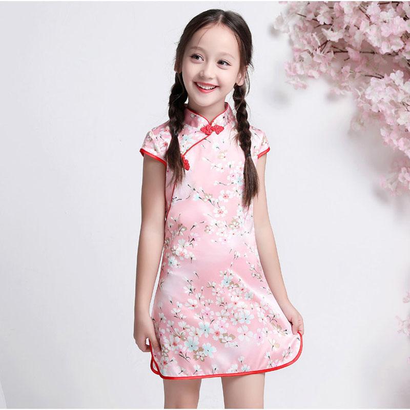 

Chinese Traditional dress Girl's Cheongsam Dress Little Princess Baby Party Gown pink Flower Girls cheongsam modern