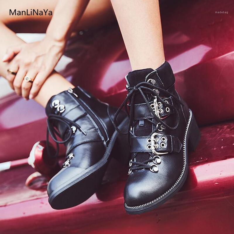 

Black Short Plush Boots Leather Women Buckle Belt Round Toe Square Heel Women Motorcycle Boots 2020 Chic Lace Up1, As picture