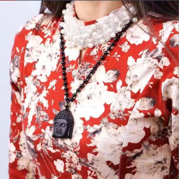 

Pendant Necklaces Lucky Natural Black Obsidian Cameo Buddha Head Bead Chain Amulet Fortune Necklace Buddhism Meditation Men Women Jewelry