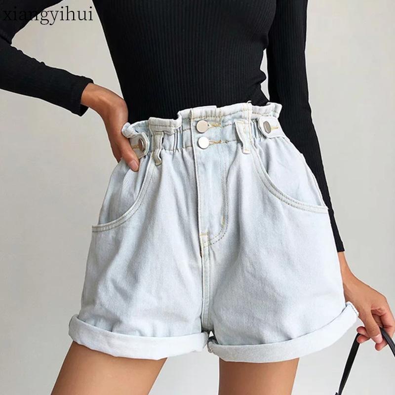 

Summer Vintage High Waist Crimping Denim Shorts Women 2020 Korean Fashion Casual Shorts Jeans Summer Wide Leg Hot Pants Women, Beige