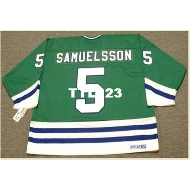 

740 #5 ULF SAMUELSSON Hartford Whalers 1989 CCM Away Hockey Jersey or custom any name or number retro Jersey, Green