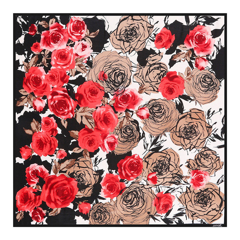 

New Twill Silk Scarf Women Rose Flower Printing Square Scarves Fashion Wrap Female Foulard Large Hijab Shawl Neckerchief 130*130CM