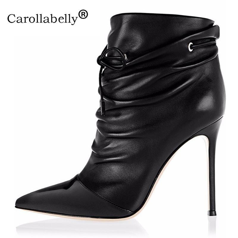 

2020 New High Quality Mix Black Leather Ankle Boots Women Thin High Heels Slouch Boots Dress Shoes