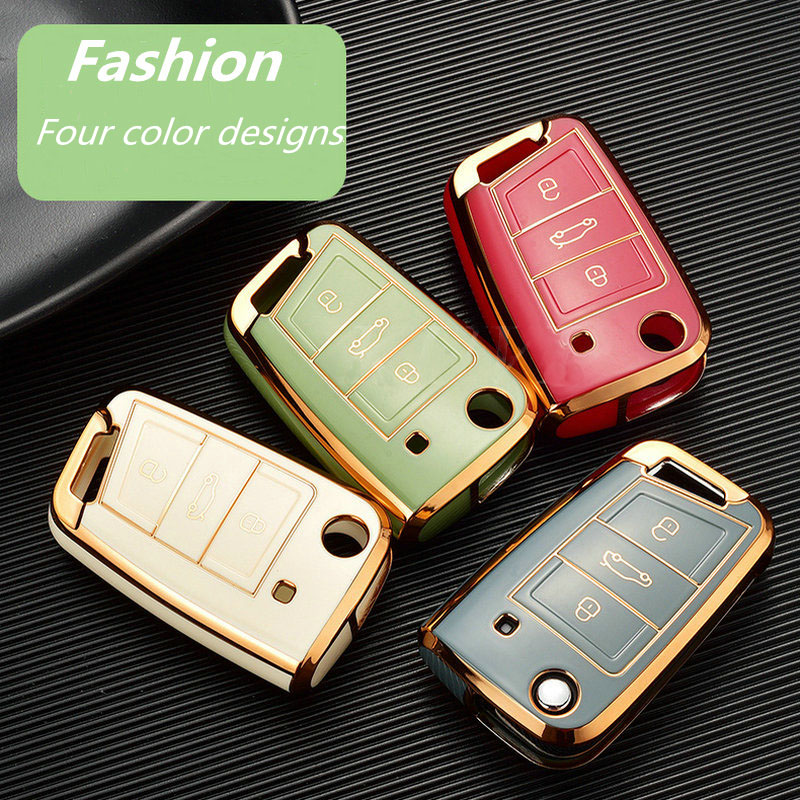 Fashion Plating Gold Edge Car Key Case TPU Keys Cover Shell For VW Volkswagen Golf 7 MK7 Tiguan MK2 Skoda Octavia Kodiaq Karoq Seat Ateca Leon Au-image-747658911