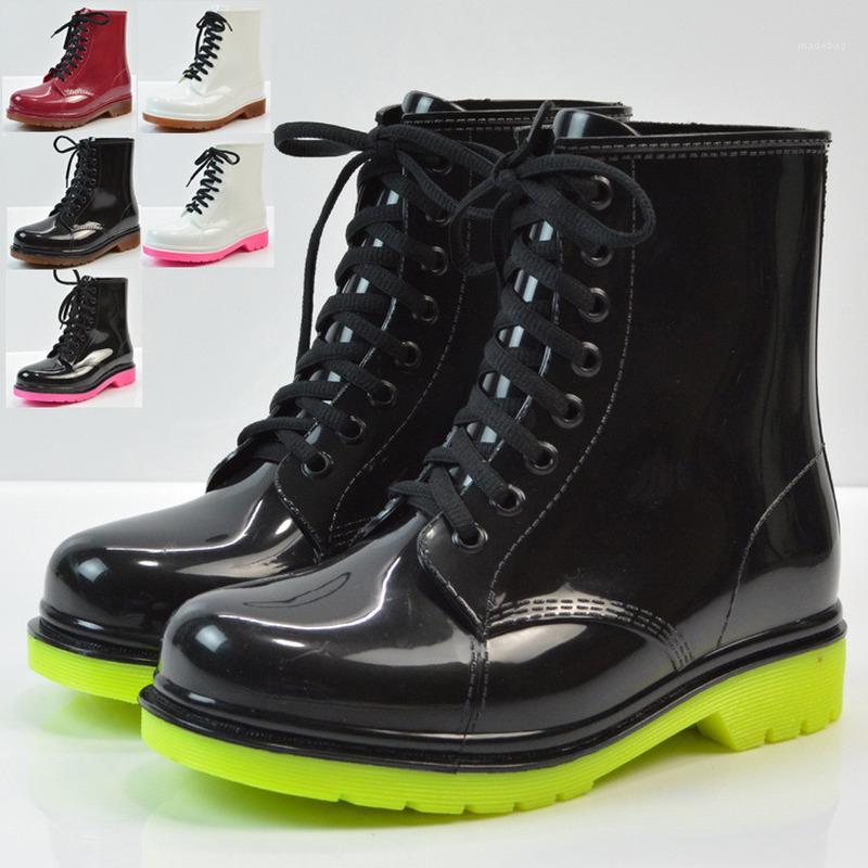 

Rain Boots Fashion Ladies Flat-heel Solid Color Rain Boots Water Shoes Lace-up Warmth Mid-Calf Platform Shoes1, Black green