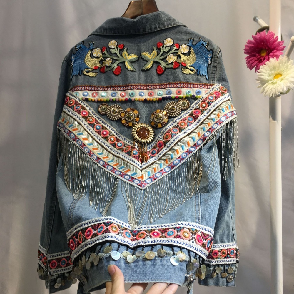 

2021 Bohemian Embroidered Gypsy Tassels Bomber Woman's Jacket Denim Loose Blue Vintage Chaquette Bfdq