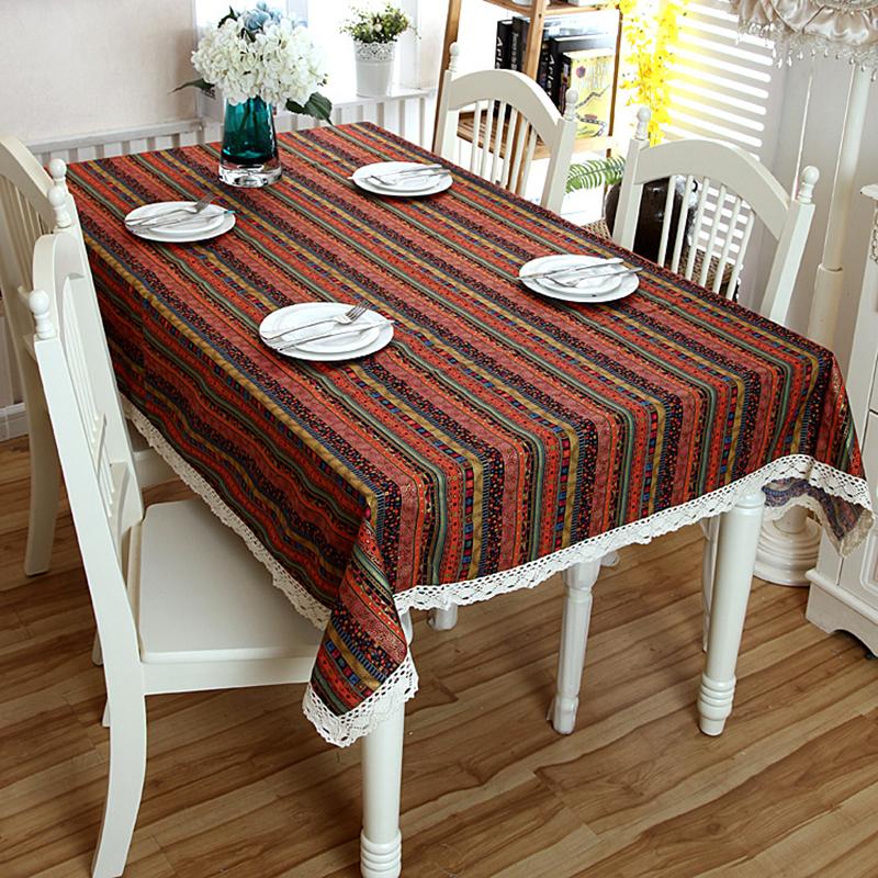 

Southeast Asian style Tablecloth Bronzing Stripe Washable Linen Cotton Table cloth Lace Hem Decor Table Fabric for Christmas