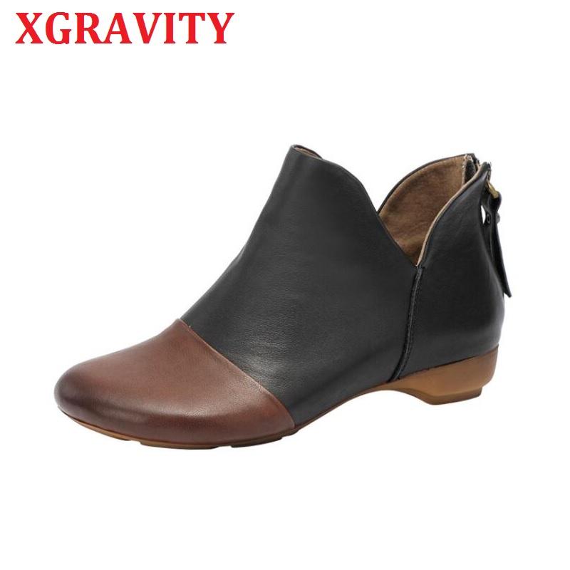 

XGRAVITY 2021 Soft Hand-made Lady Cow Genuine Leather Ankle Boots Zipper Designer Round Toe Boots Woman Winter V Cut Shoes S036, Black