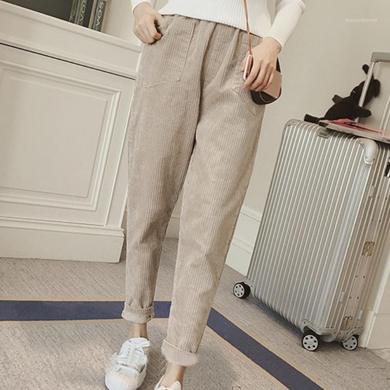 

Women Corduroy Harem Pants Solid High Wait Loose Casual Ankle-length Pants Autumn New Elastic Waist Korean Version Pants#351, White