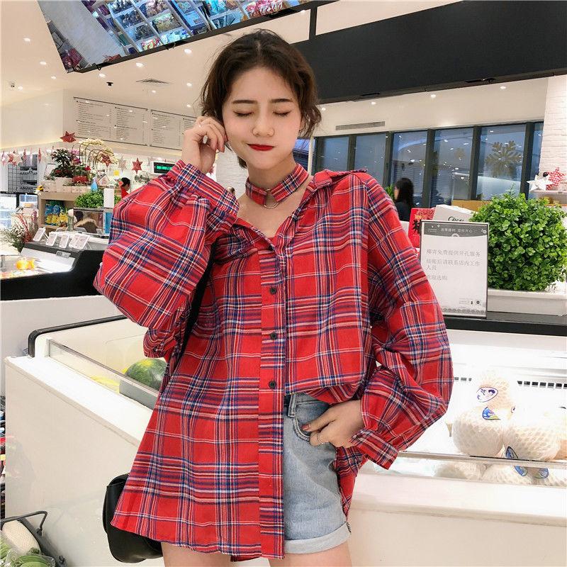 

Shirts Women Plaid Long Sleeve Loose Korean Leisure Fashion Hot Sale New Arrival Students Daily Streetwear Casual Blouses Womens, Blue