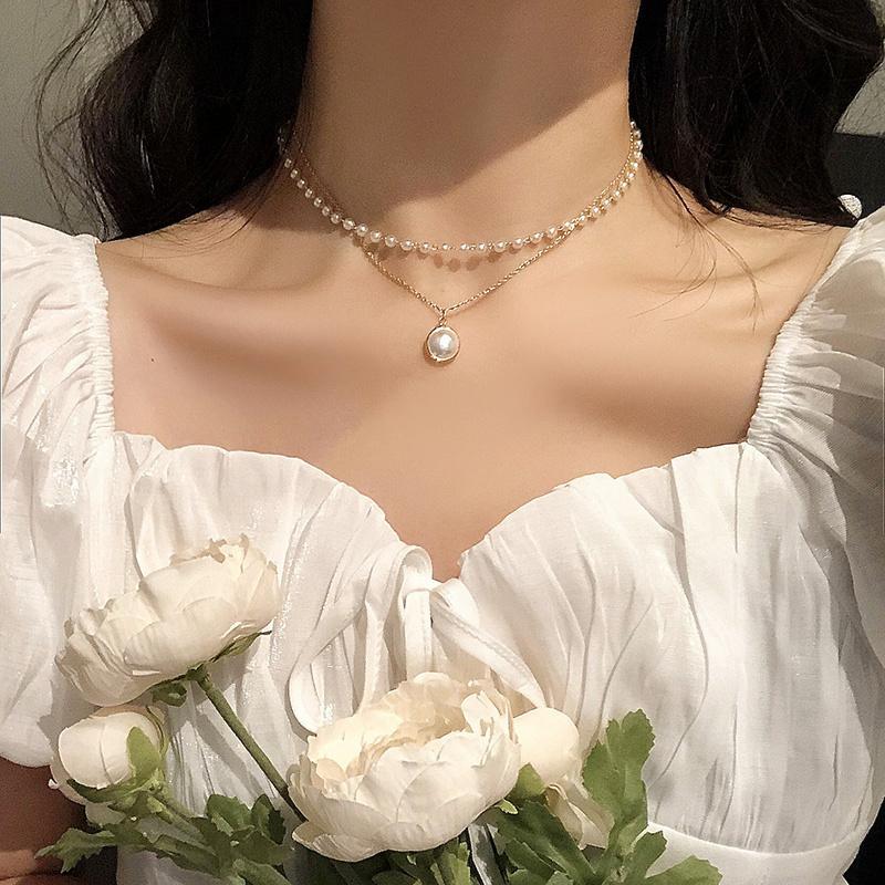 

Pendant Necklaces White Pearls Choker Necklace Women Fashion Gold Color Double Layer Chain Pearl Korean Jewelry Girl 2021 Collar, Silver