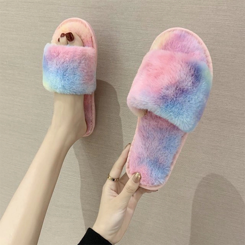 

Ladies Slippers Fashion Indoor Plush Slipper Women Non slip New Brand Shoes Faux Fur Winter Warm 2020 Open Toe Flat Footwear #h299, Blue
