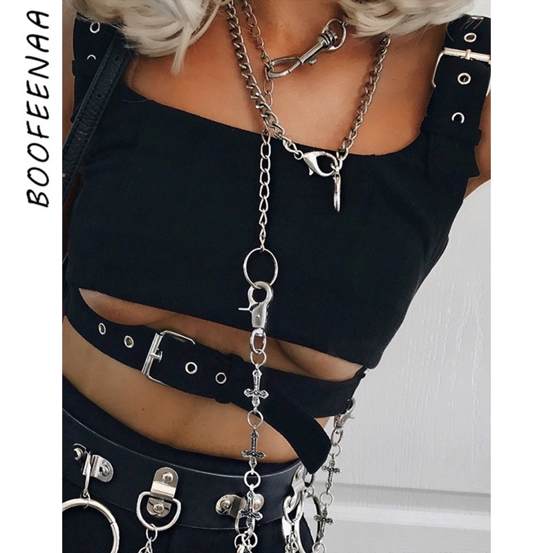 

BOOFEENAA Metal Buckle Hollow Out Black Tank Top Women Streetwear Fashion Crop Tops Gothic Sexy Tops Clubwear Summer C84AZ3 Y200422, White