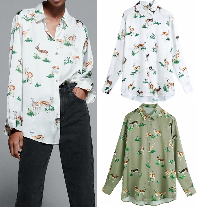 

New Green Animal Print Satin White Women 2021 Vintage Button Up Oversized Long Sleeve Shirt Ladies Loose Casual Tops Lp8v