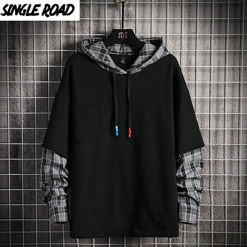 

SingleRoad Mens Hoodies Men 2021 Spring Patchwork Plaid Solid Sweatshirt Japanese Streetwear Harajuku Hip Hop Black Hoodie Men