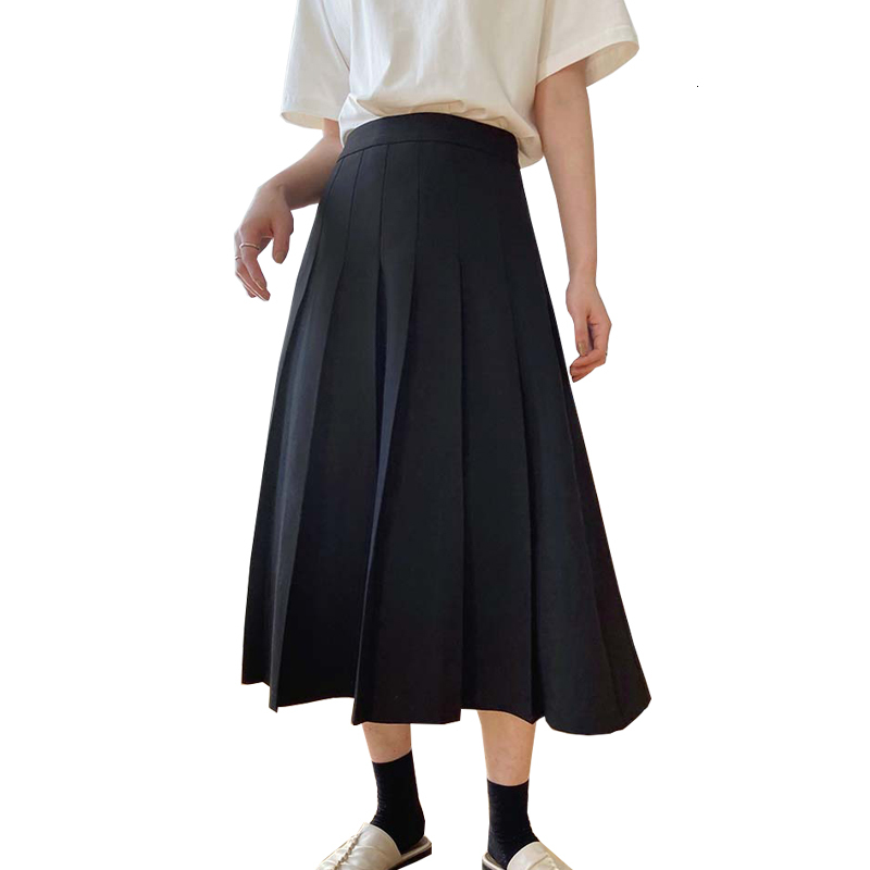 

New 2021 Spring High Waist Pure Color Women Pleated Elegant A-line Long Casual Black Khaki Skirt Jupe Femme Saia Xczt