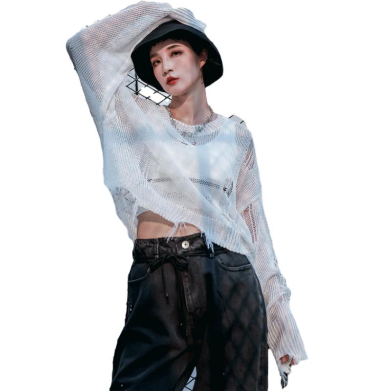 

2020 Korean Designer Autumn Ladies Knitted Pullovers Womens Casual Loose Sweaters Mesh Sexy Holes Clothes Plus Size Sexy Tops, Black