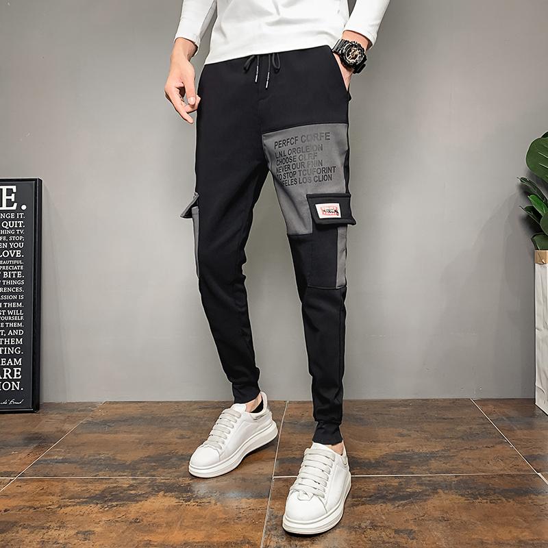 

Korean Autumn New Slim Fit Cargo Pants Men Clothing 2020 Side Pockets Spliced Design Casual Joggers Trousers Gray/Army 36