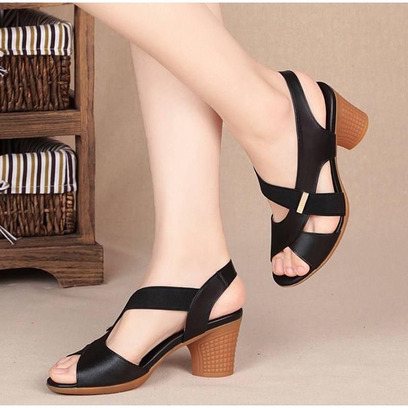 

Women's Sandals Women Summer Shoes Woman Slip On Thick High Heel PU Leather Female Sandalias Open Toe Fashion Ladies 2021, Black