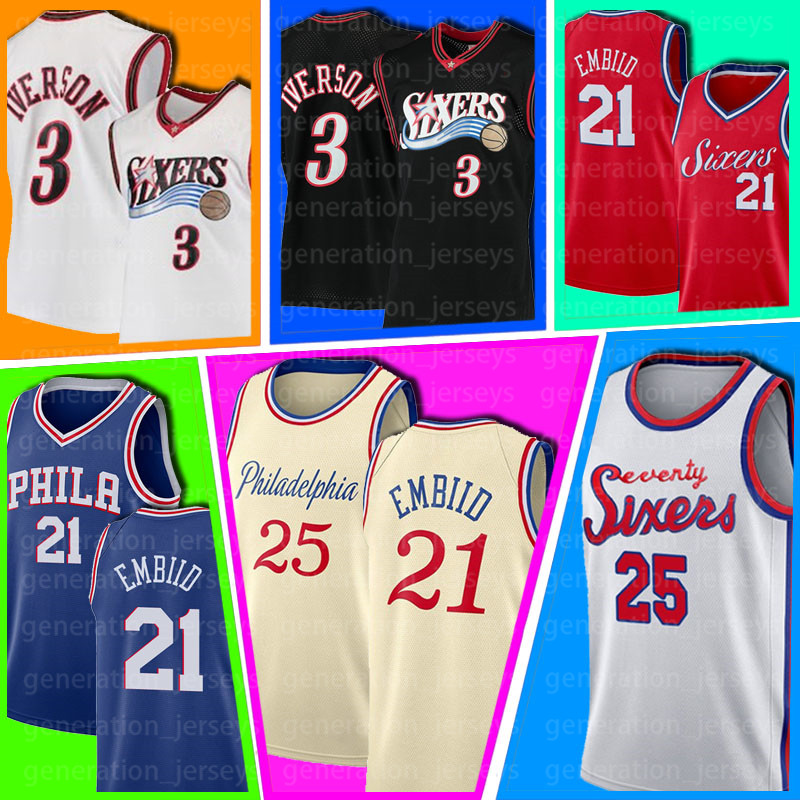 

Joel Ben Embiid Simmons Jerseys Philadelphia 76ers Jersey Allen Al Iverson Horford Julius 6 Erving Basketball Jerseys Men Kid, Black;red