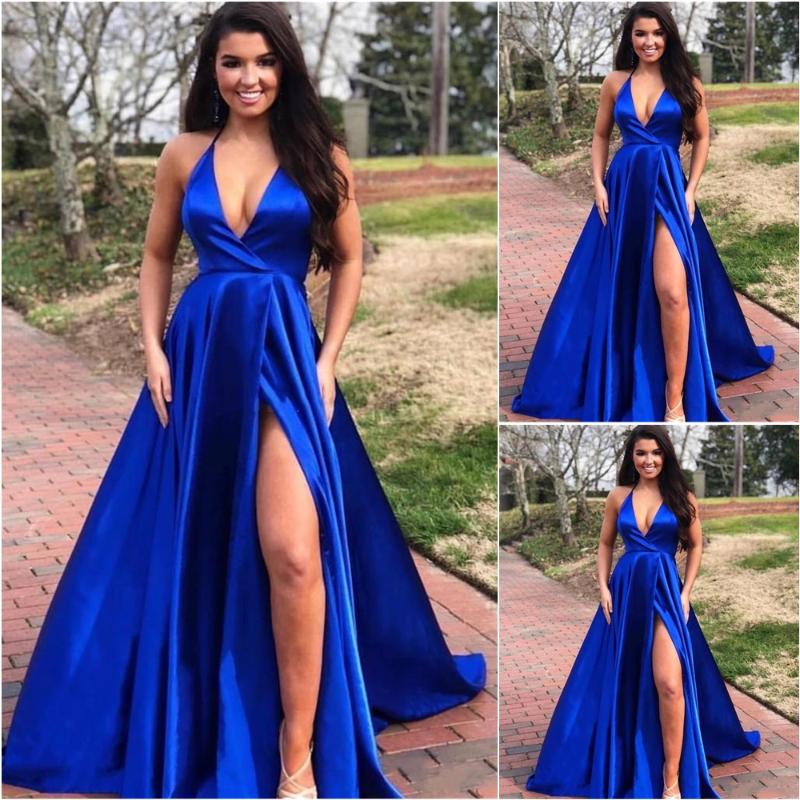 

A Line Dresses Thigh-High Slits Evening Dress Satin Gown V-Neck Formal Dresses Prom Party Gown Spaghetti, Same as picture