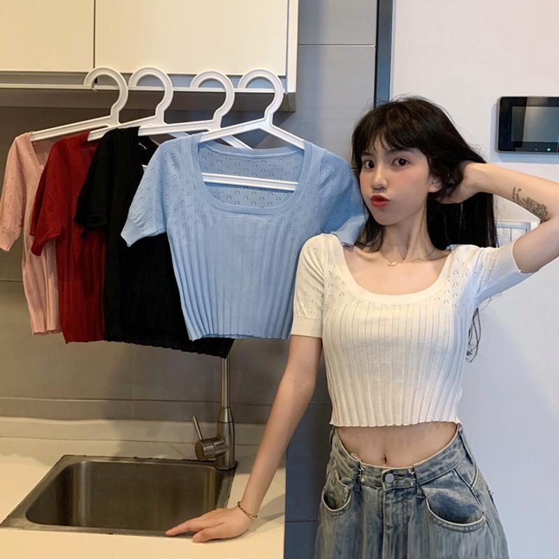

2020 New Style Summer Online Celebrity Navel Short Tops Women Tight Square Collar Off-shoulder Knitted Short-sleeved T-shirt INS, Blue