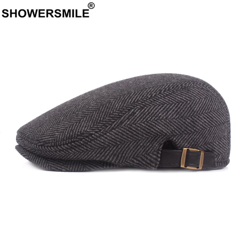 

Berets SHOWERSMILE Winter Hat Woolen British Herringbone Gray Mens Beret Retro Casual High Quality Thick Warm Male Adjustable Flat Cap