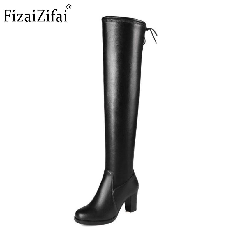 

Women Natural Real Leather Over The Knee Boots Winter Boots Sexy Square Heel Fashion Zipper Women Shoes Plus Size 31-45, Black