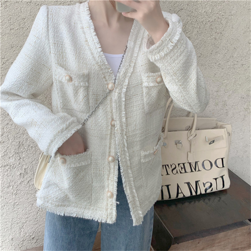 

2021 Korean Style Woman Jacklee Fashion Single-breasted Tweed White Winter New Vintage Fringe Fringes Short Jacket FFJC