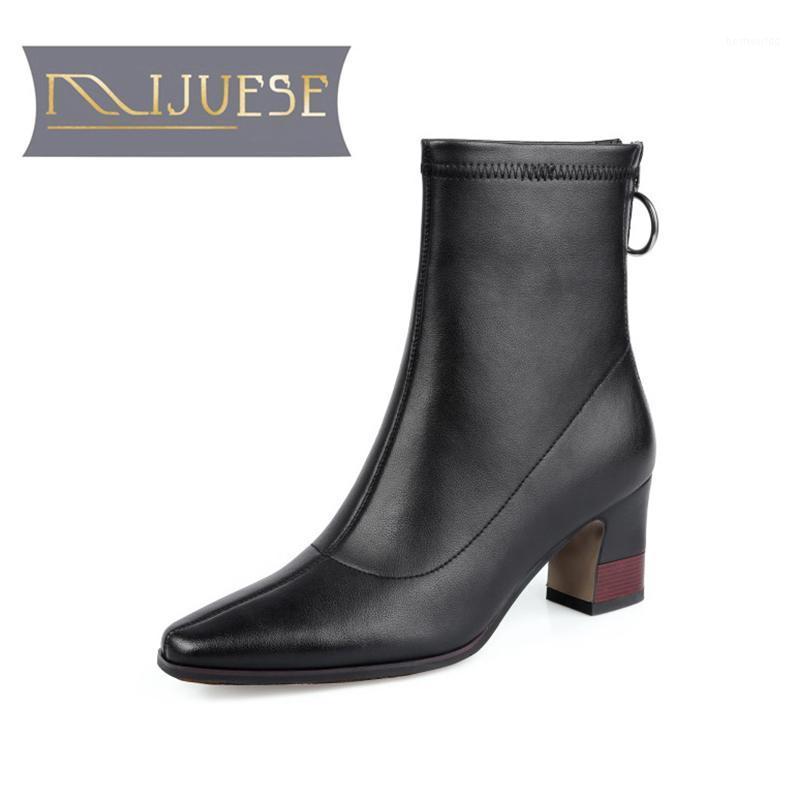 

MLJUESE 2021 women Ankle boots Zippers cow leather winter short plush Square toe high heels female boots size 391, Black