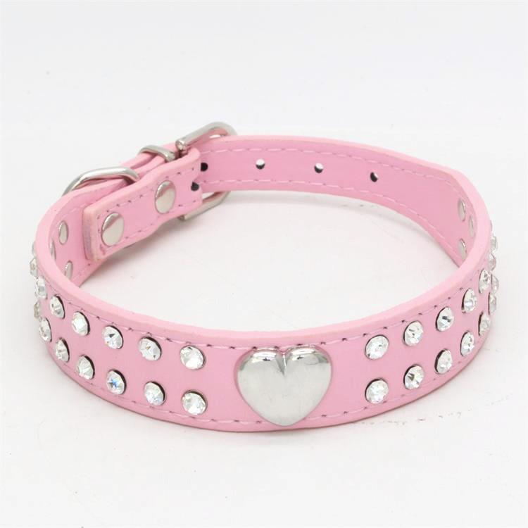 

100pcs/lot Fast shipping 2 Row Bling Crystal Rhinestone PU Leather Pet Collars Cat Dog Collar Neckla With Heart Charm 5 colors