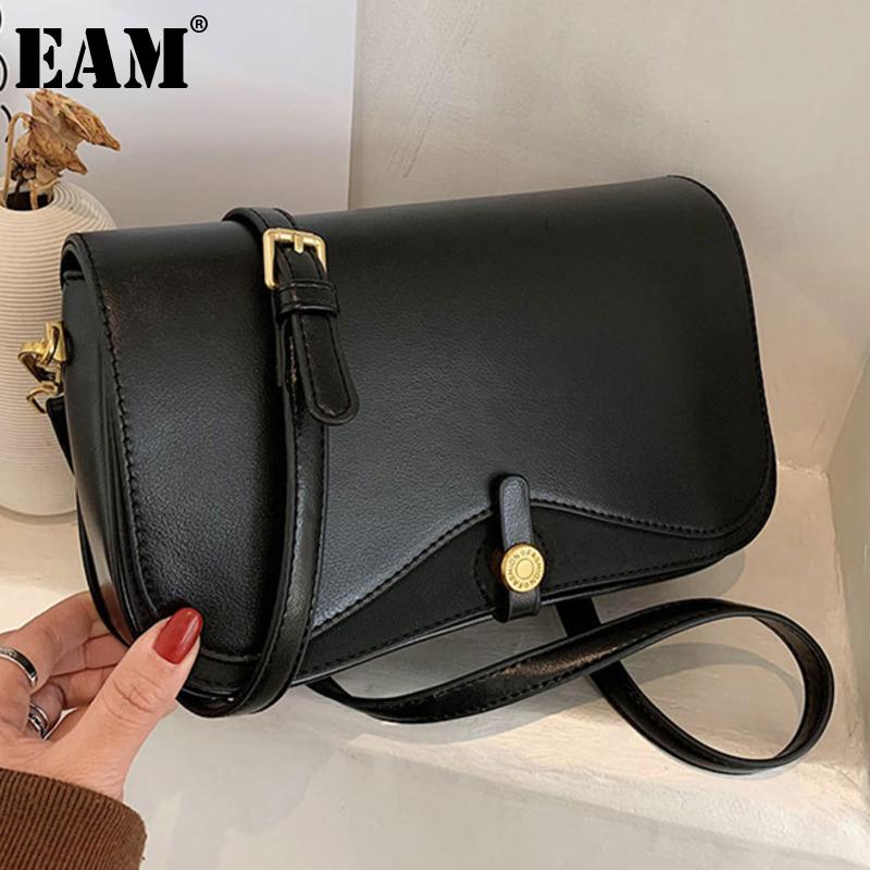 

[EAM] Women New Trend Small Khaki PU Leather Flap Personality All-match Crossbody Shoulder Bag Fashion Tide 2021 18A1378, Black