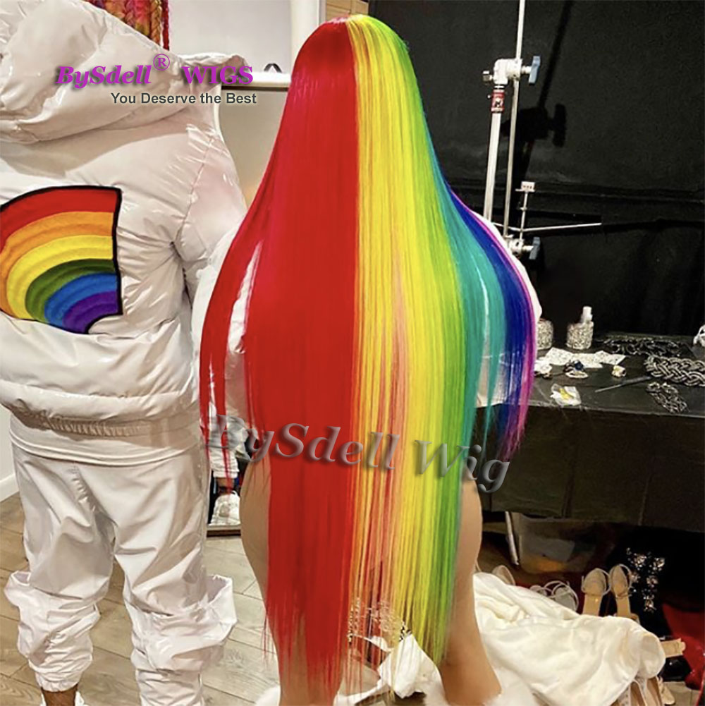 

New American star celebrity Nicki Minaj trollz rainbow hairstyle wig synthetic long straight red and rainbow split color hair wigs, Rainbow 2