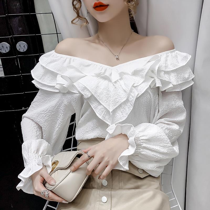 

Chiffon Blouse Women Vintage Long Sleeve Solid Ruffles Neck Fashion Top Korean Style Female Clothes New 2021 Women' Autumn, Black