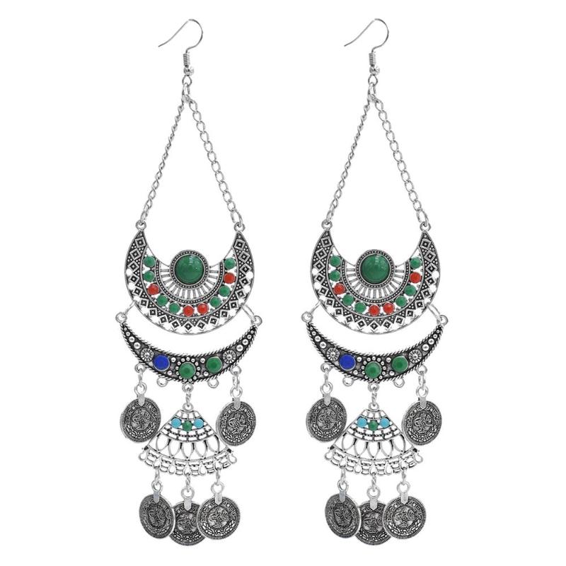 

Dangle & Chandelier Gypsy Silver-Color Hollow Colorful Rhinest Crystal Coin Pendant Earrings For Women Metal Long Tassel Drop Earring Jewelr