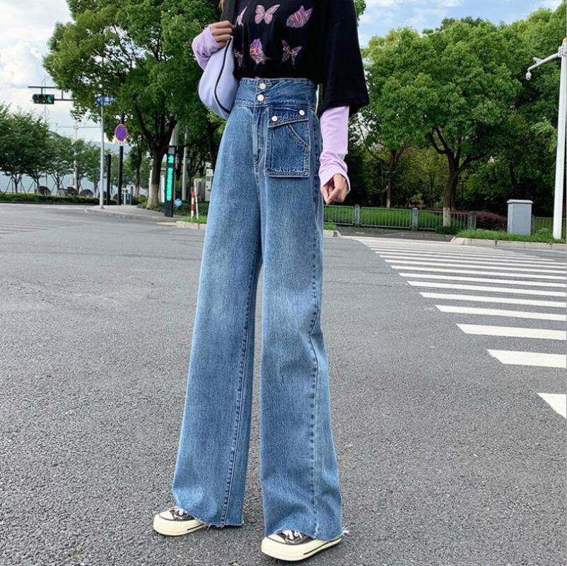 

2020 Autumn new High waist Loose Jeans women Side pocket design Denim Wide leg pants female Denim trousers p1841, Dark blue