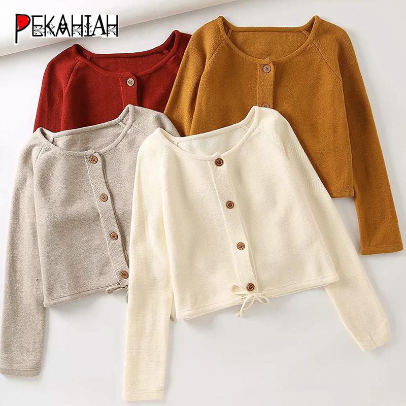 

2020 Autumn Winter O-Neck Solid Knitted Sweater Fashion Slim Long Sleeve Drawstring Cardigan Sweater Famale Loose Chci Top, Beige