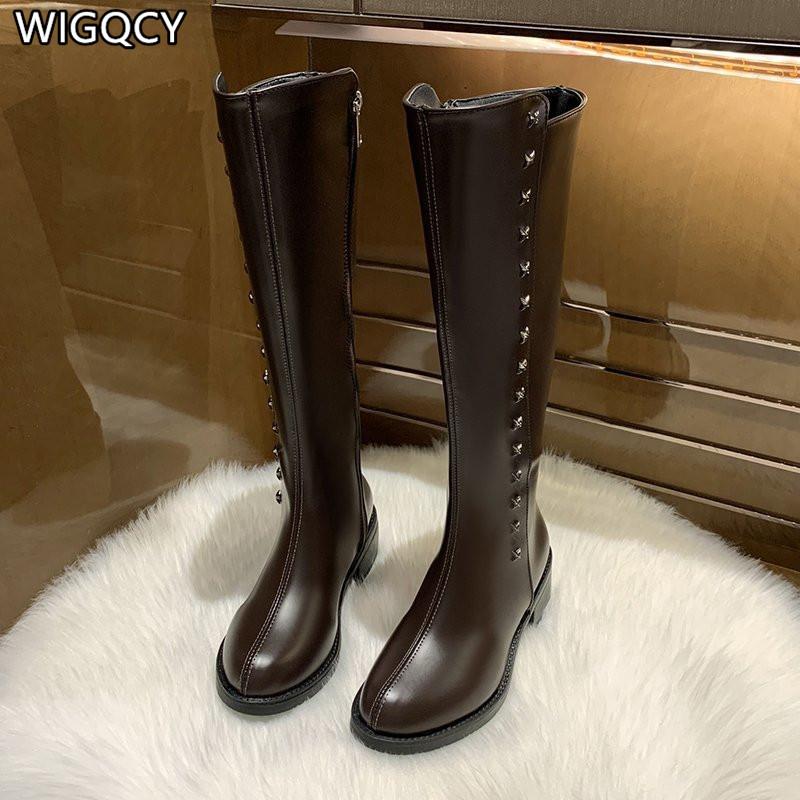 

2020 autumn new women's high tube brown boots leather PU women's fashion knight boots round head riding fashion, Black
