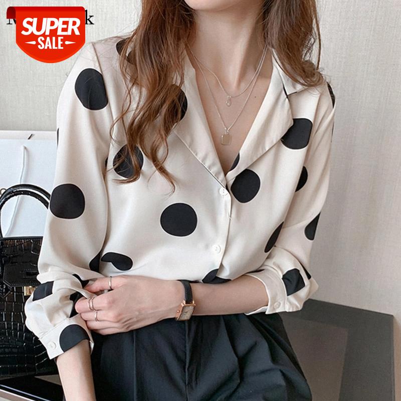 

New Spring Summer Chiffon Blouse Women Polka Dot Turn-down Collar Shirt Tops Office Lady Blouses Women Casual Blusas Mujer 8767 #Ok5L, White
