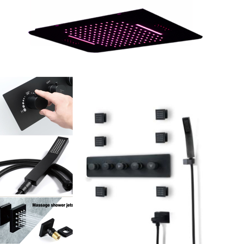 

Most Complete Black Shower Faucet Set Bathroom Bath System Electronic Power LED Ceiling Rain Waterfall Shower Head Kit 6 PCS Spa Body Jets