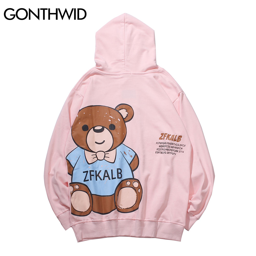 

Cartoon Bear Print Sweatshirts Streetwear Hip Hop Harajuku Fashion Pullover Hoodies Casual Hooded Street Coats Tops, Black