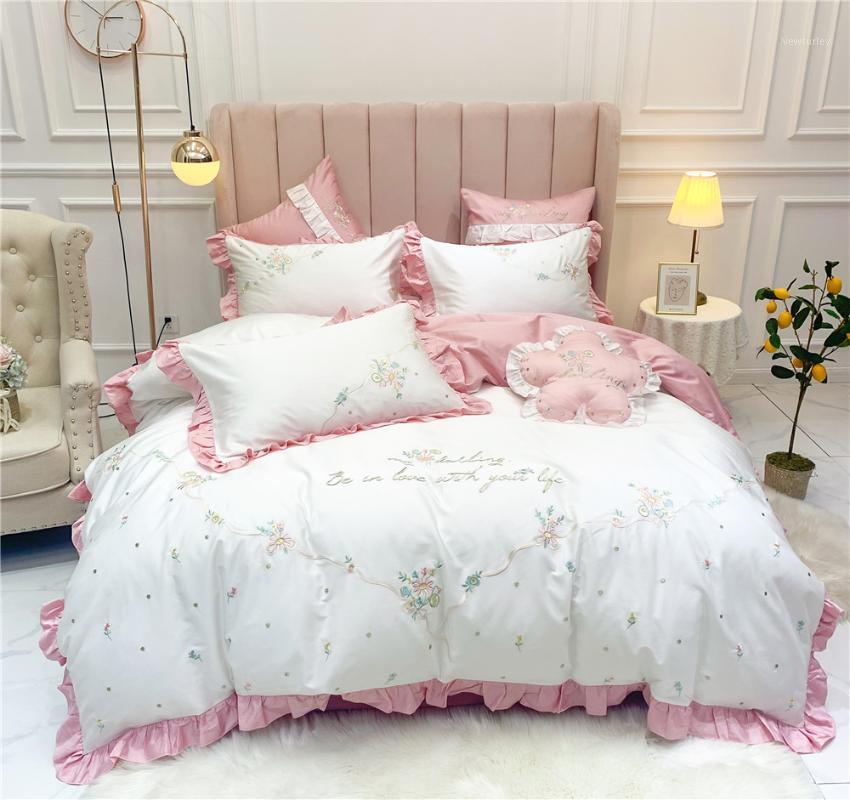 

4,6pcs Korean Style Princess White Pink Ruffle Bedding Duvet Cover Set Small Flowers Embroidered Quilt Covers Double King Linens1, 5-2