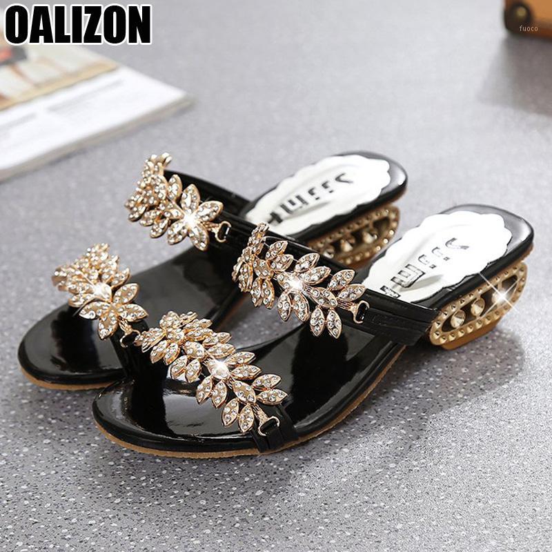 

Summer Women Feminino Fashion Crystal Mid Square Heels Mules Slides Girl Mujer Hollow Out Leisure Rhinestone Slippers Shoes R1341, Black