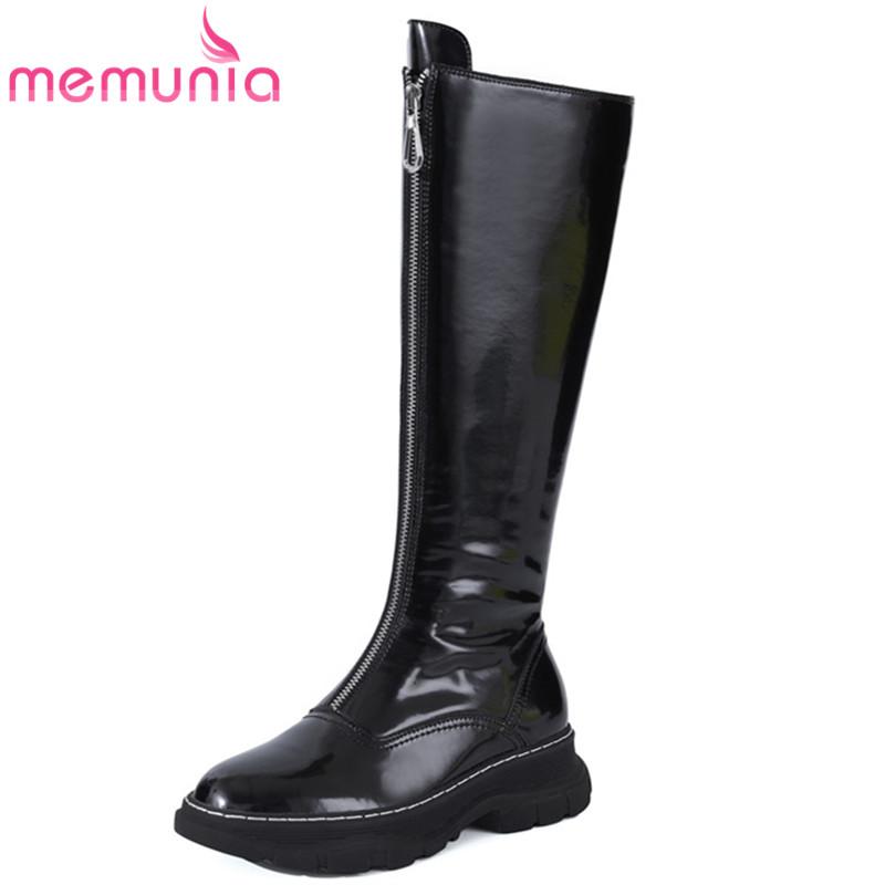 

MEMUNIA 2020 hot sale flat casual shoes women knee high boots patent leather zip round toe fashion autumn winter boots woman, Black