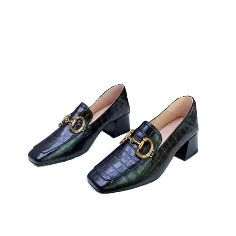 

4 CM High Heel Pumps Women Genuine Cowhide Leather Luxury Crocodile Pattern Vintage Horse-bit Metal Decoration Shoes Spring New1, Black