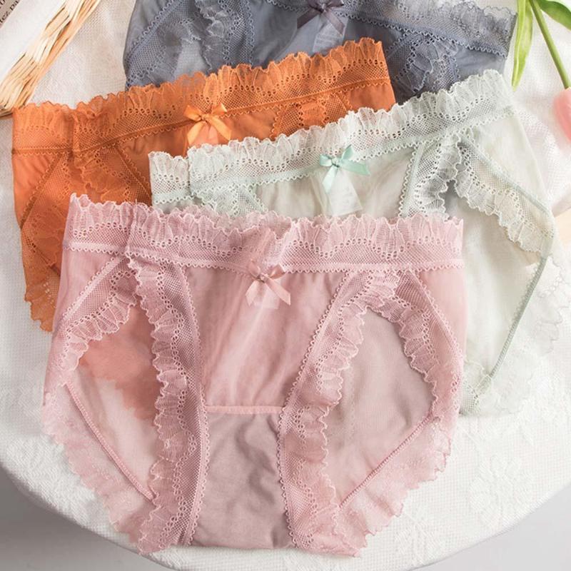 

Sexy See-through Mesh Girl Lace Panties Ice Silk Breathable Briefs Comfortable Cotton Crotch Panties, Black