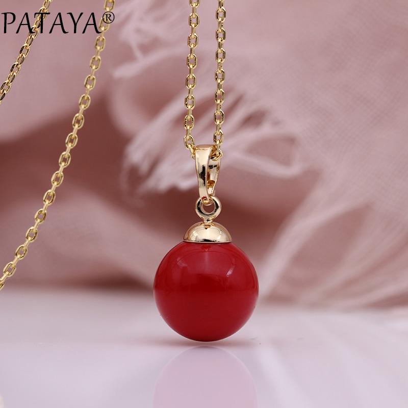 

PATAYA New Fine Coral Red Shell Pearls Long Necklaces 585 Rose Gold Women Party Simple Fashion Jewelry Wedding Round Pendant