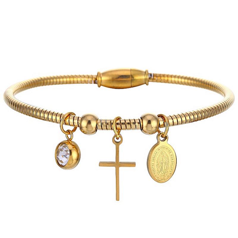 

Religious Virgin Mary Cross Bracelet Gold Stainless Steel CZ Stone Magnet Wire Wrapped Bangles Bracelets for Women Men Jewelry