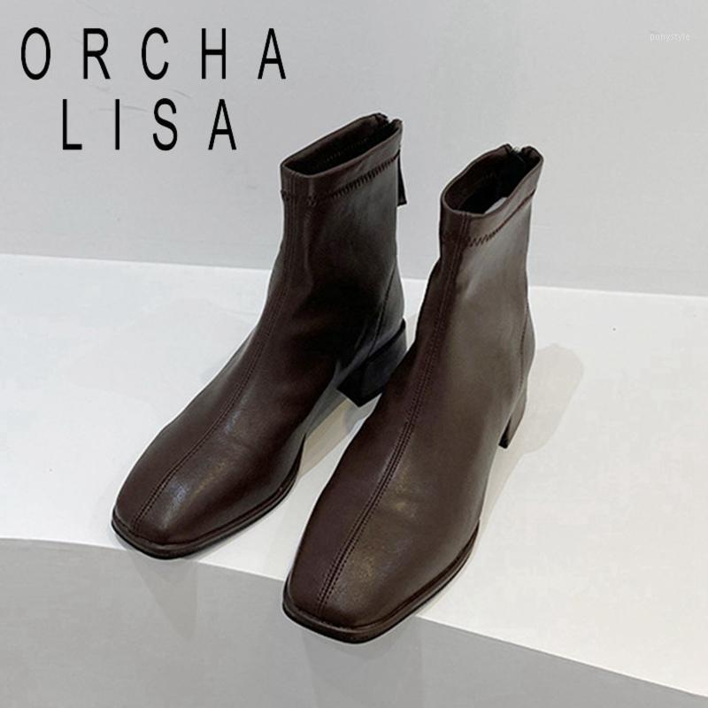 

ORCHALISA Women Ankle Boots Square Toe Zip Breathable Non-Slip Stretchy British Classic Office Spring Autumn Black Beige A32771