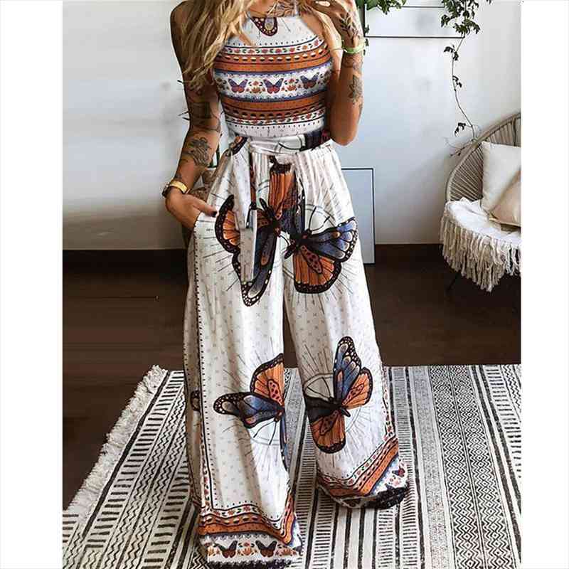 

Women Two Piece Pants Sets Butterfly Printed Cami Crop Tops And Loose Wide Leg Pants Casual Bohemian Sexy 2pcs Sets, White